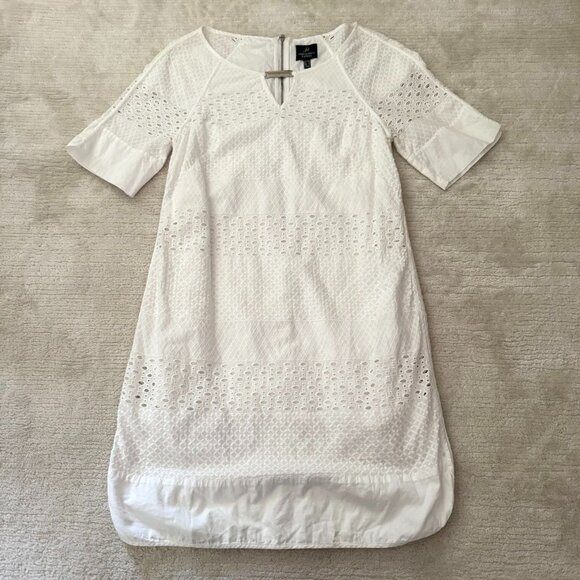 Adrianna Papell White Cotton Eyelet Short Sleeve Shift Dress Size 4 Keyhole Neck - Picture 9 of 14